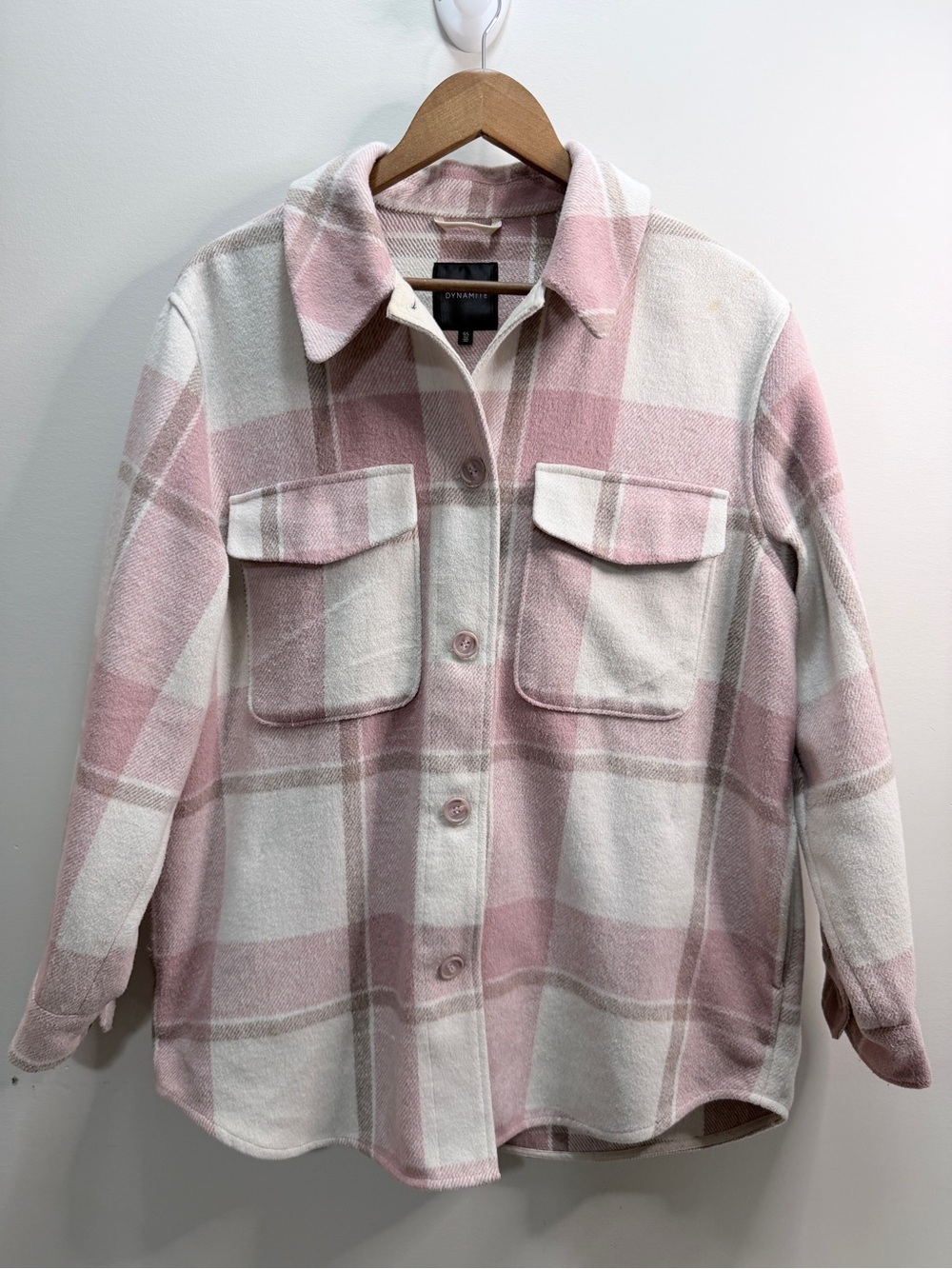 Dynamite Pink and Cream Plaid Button-Up Shacket Size Large